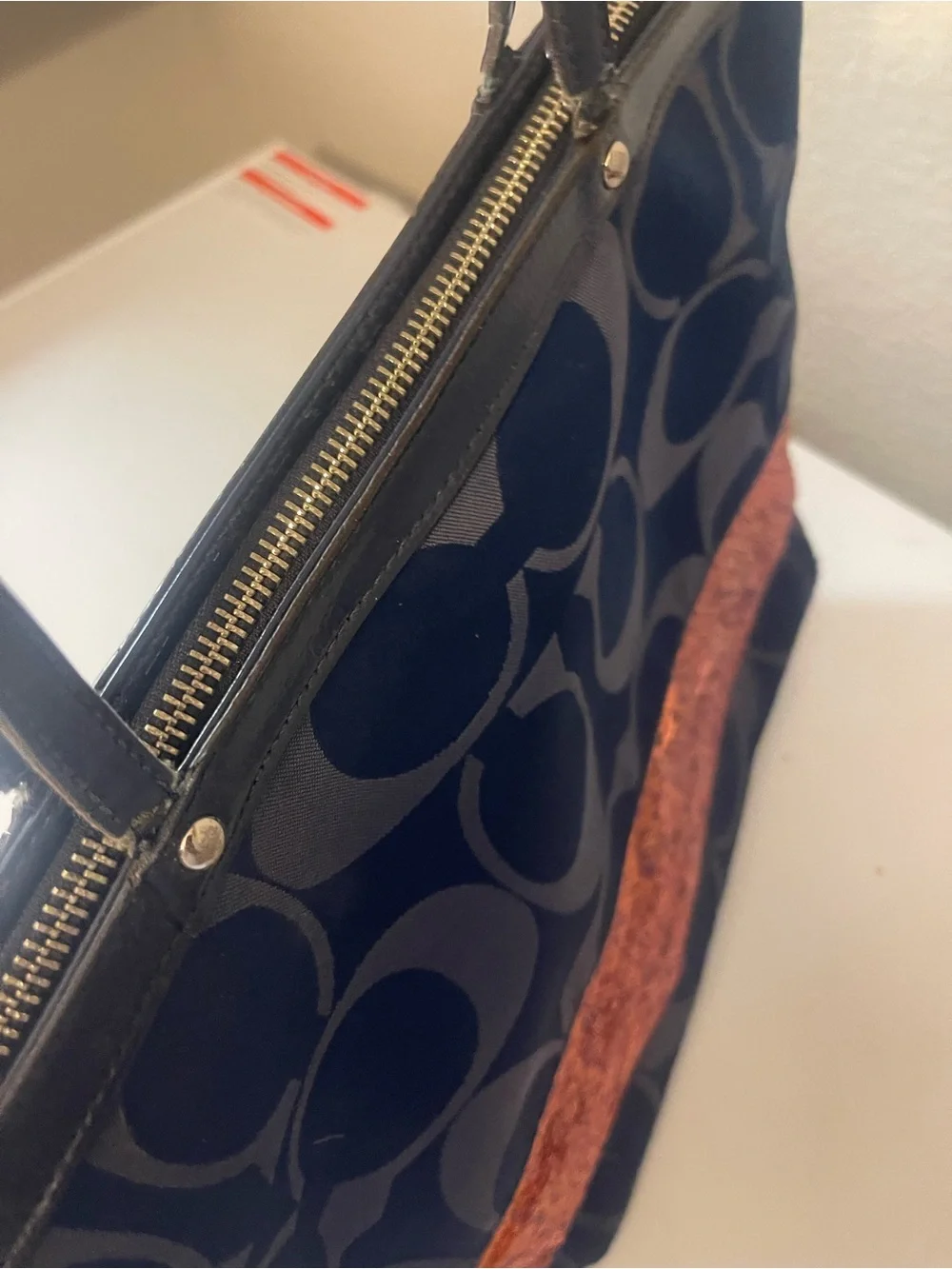 Coach Black Signature Tote with Copper Sequin Stripe
